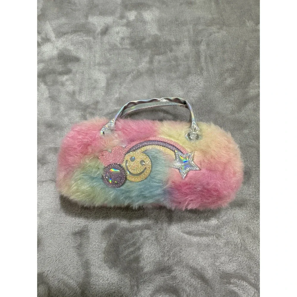 Childrens‎ Place Girls Clutch Purse Fuzzy Faux Fur Happy Face Pink Yellow EUC